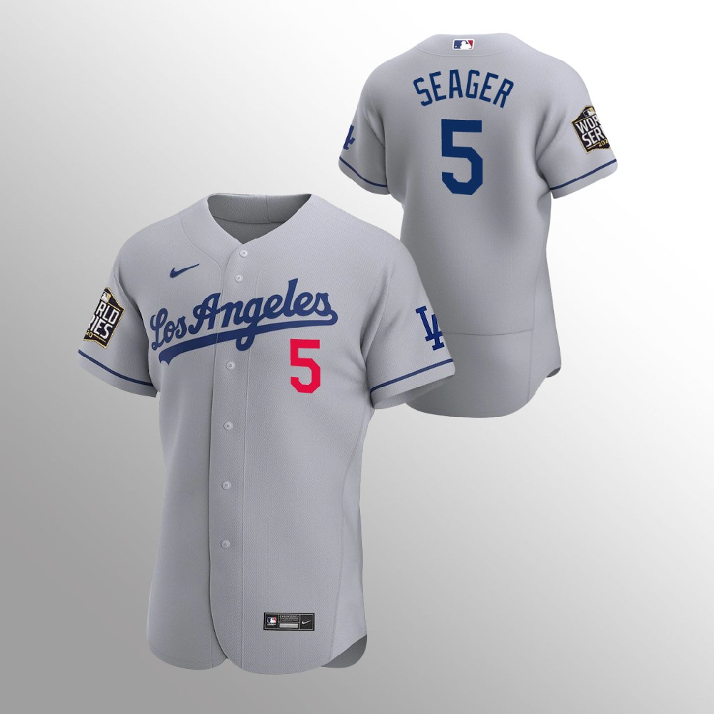 Men's Los Angeles Dodgers #5 Corey Seager Grey 2020 World Series Bound stitched Jersey